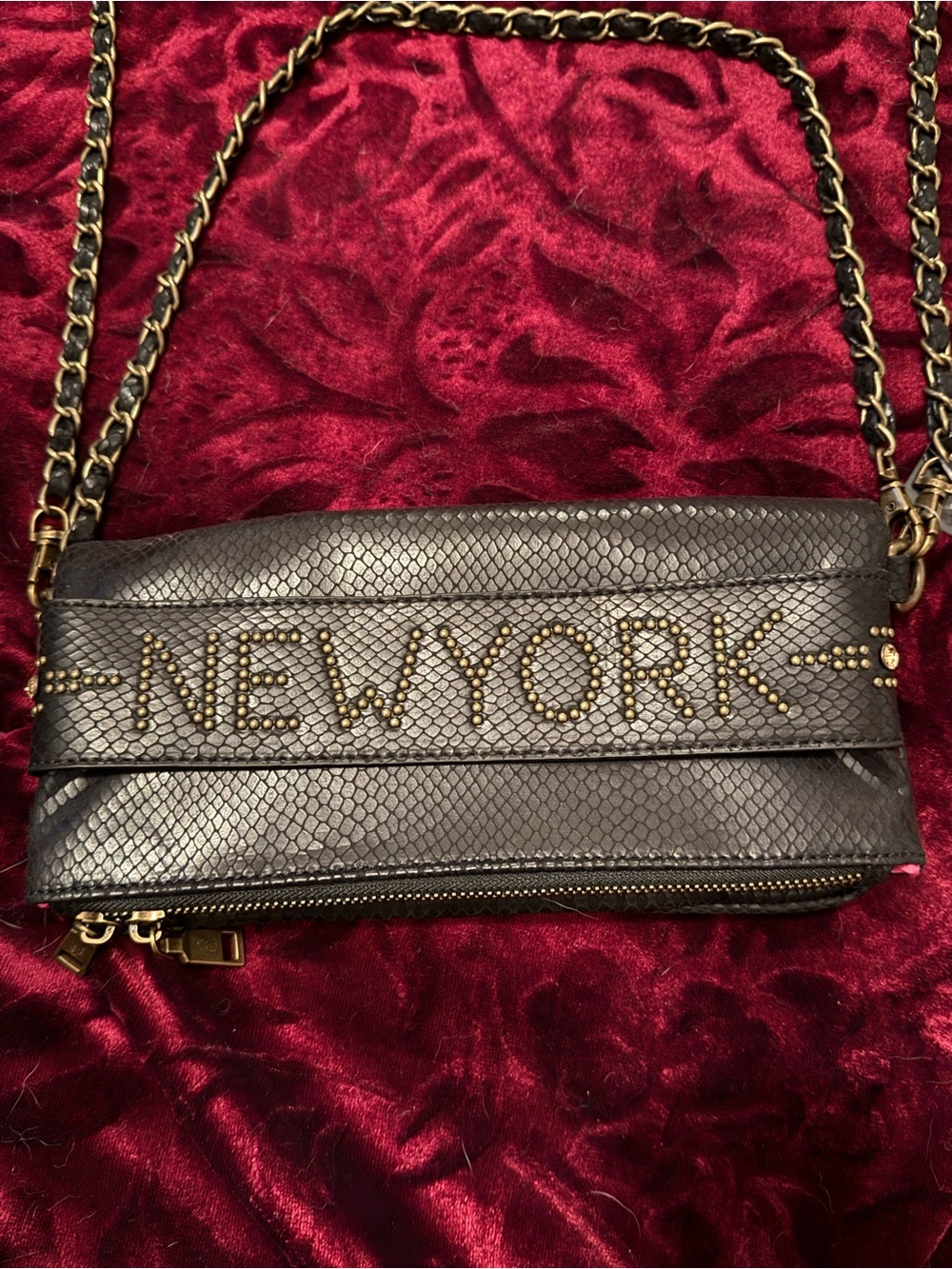 Betsey Johnson Black Snake-Embossed 3-Way Bag With Gold Studded NEW YORK